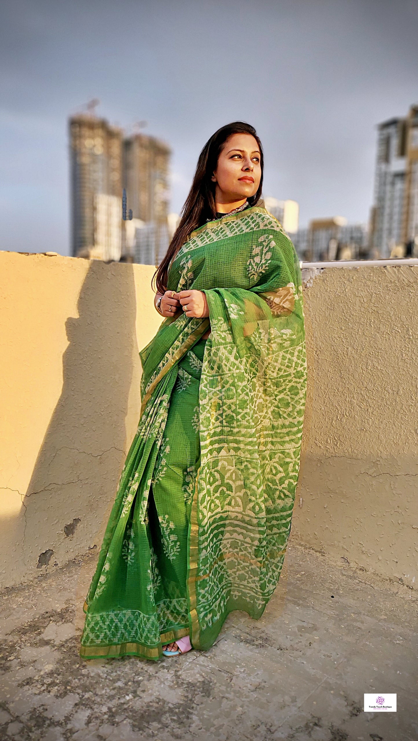 Organic Kota Doria Saree Handblock print in natural dye green soft best summer saree for office and casual outing best price with blouse piece