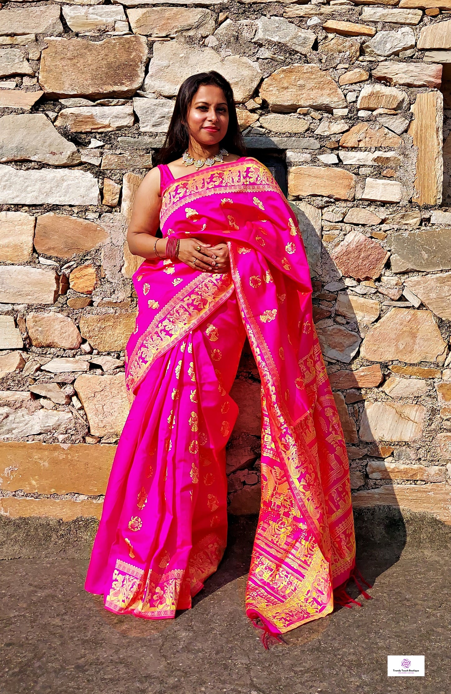 hot pink art silk baluchari silk saree for special ocassion marriage and wedding function with blouse piece and best price