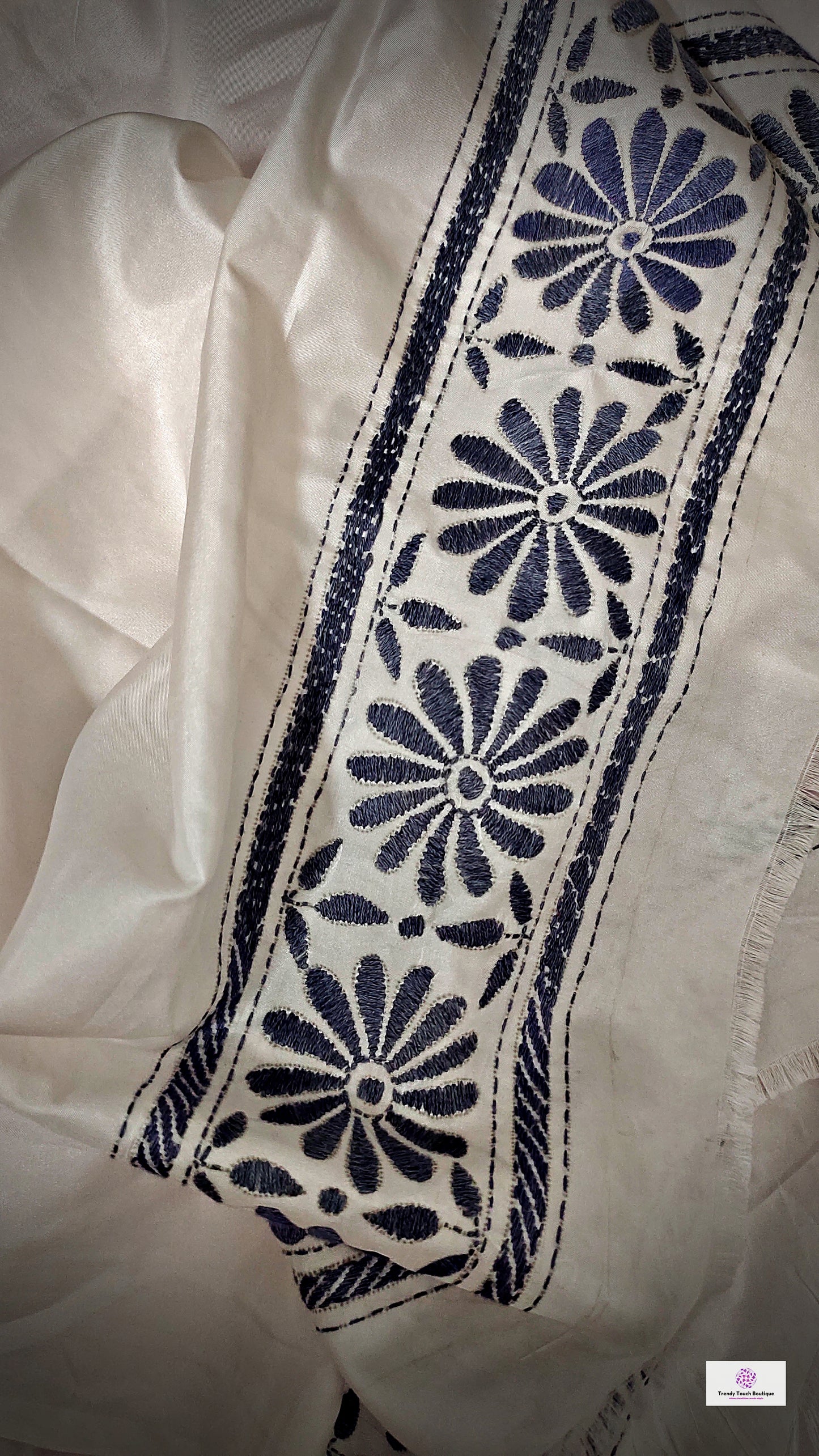 White Kantha Embroidered Silk Saree with blouse piece