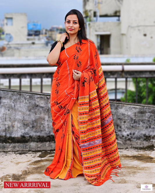 orange yellow stripe kantha handembroidered designer khesh khadi cotton handloom saree best summer fabric with blouse piece best price wedding functions lightweight