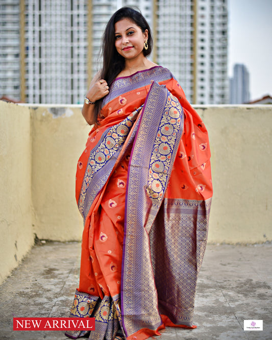 DUSK - ORANGE & BLUE - ZARI WORK SILK SAREE