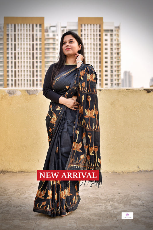 black khadi cotton handloom kantha handembroidered famous lotus design best summer fabric best price with blouse piece summer celebrations saree
