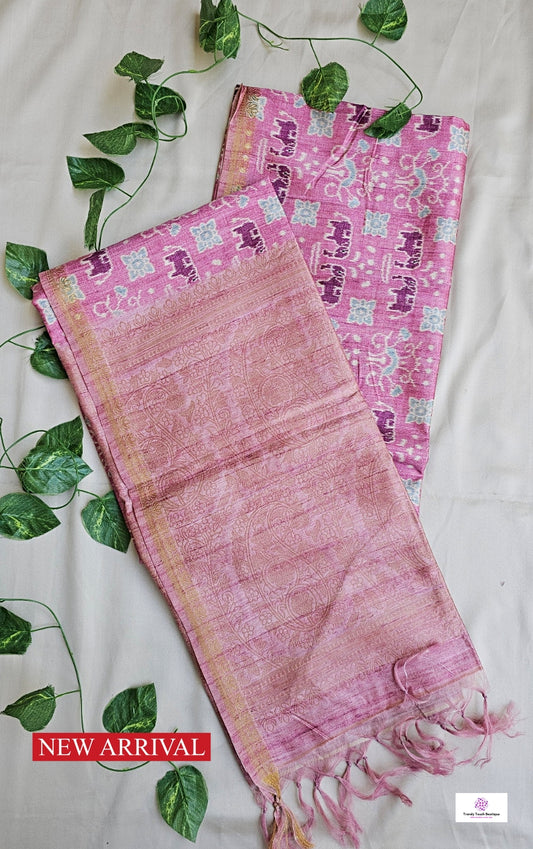 ELLORA - ELEPHANT PRINT - SEMI TUSSAR SILK SAREE (LIGHT PINK)