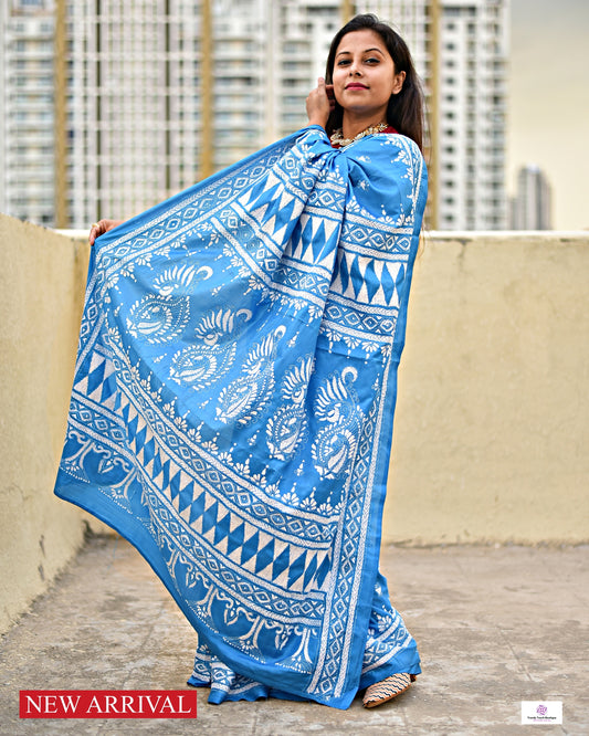 TARANGINI - KANTHA HAND EMBROIDERED - BLENDED BANGALORE SILK (SKY BLUE)