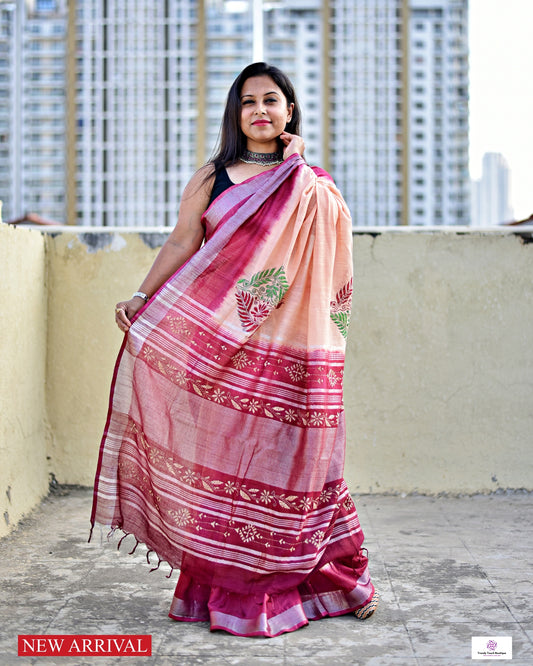 kantha handembroidery on a tie and dye maroon and chandan color linen with green and maroon thread. Best for office and casual styling with blouse piece and best price.