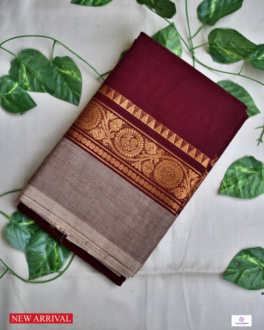 MOHO - CHETTINAD COTTON SAREE (MAROON & BEIGE ASH)