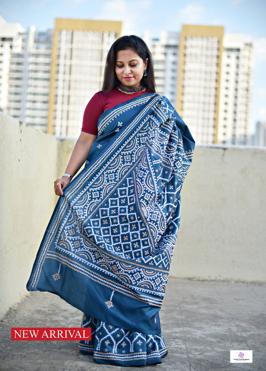 NAYAN - KUTCH HAND EMBROIDERED - BLENDED BANGALORE SILK (PRUSSIAN BLUE)