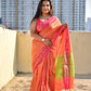 muga cotton banarasi saree in orange and green for wedding and bridal celebration and puja functions special ocassion with blouse piece and best price