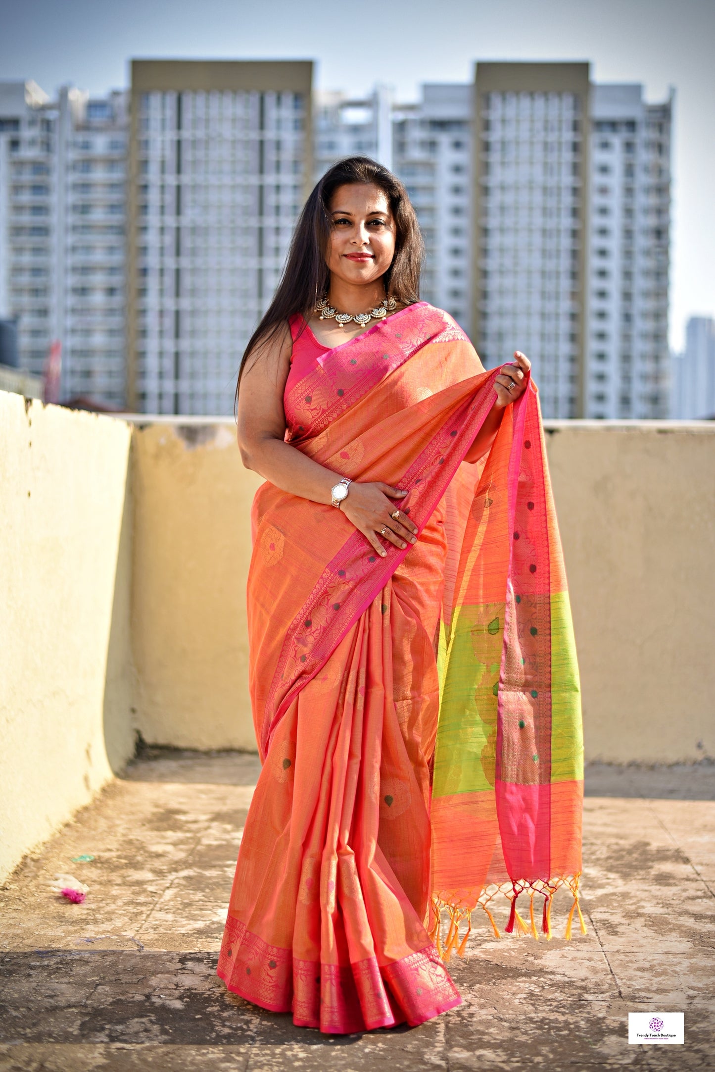 muga cotton banarasi saree in orange and green for wedding and bridal celebration and puja functions special ocassion with blouse piece and best price