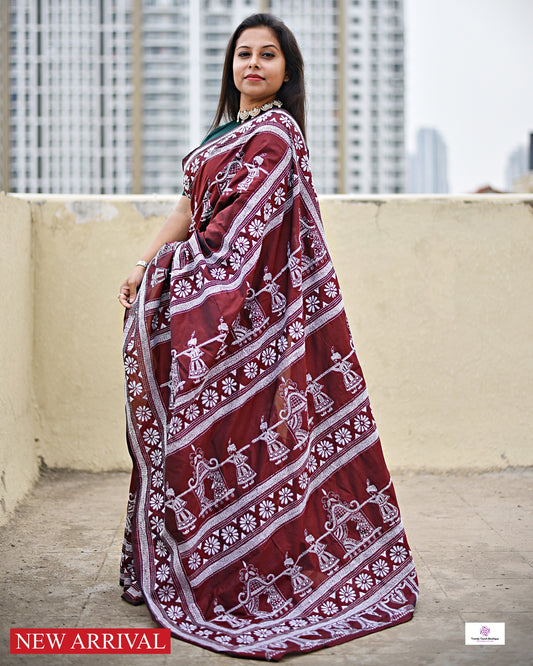 PALKI - KANTHA HAND EMBROIDERED - BLENDED BANGALORE SILK  (CHOCOLATE BROWN)