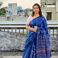 Kantha Handembroidered khesh khadi handloom cotton saree in blue and white color best summer fabric best price with blouse piece office wear and summer casual styling