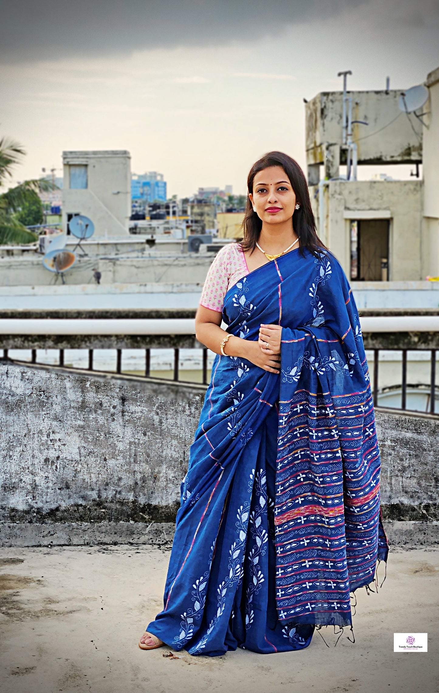 Kantha Handembroidered khesh khadi handloom cotton saree in blue and white color best summer fabric best price with blouse piece office wear and summer casual styling