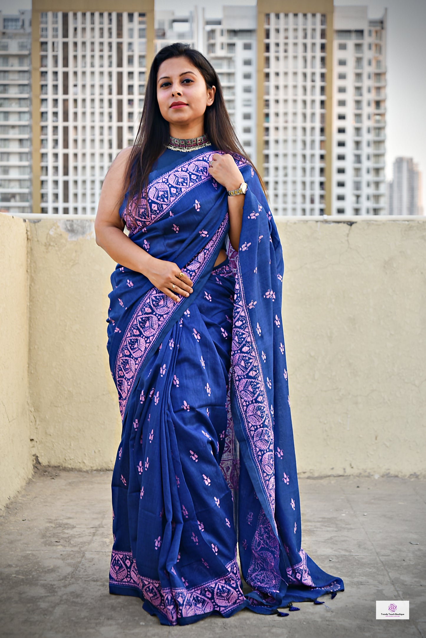 kantha handembroidered designer mulcotton saree blue pink office corporate events and family functions and ceremonies best summer fabric best price