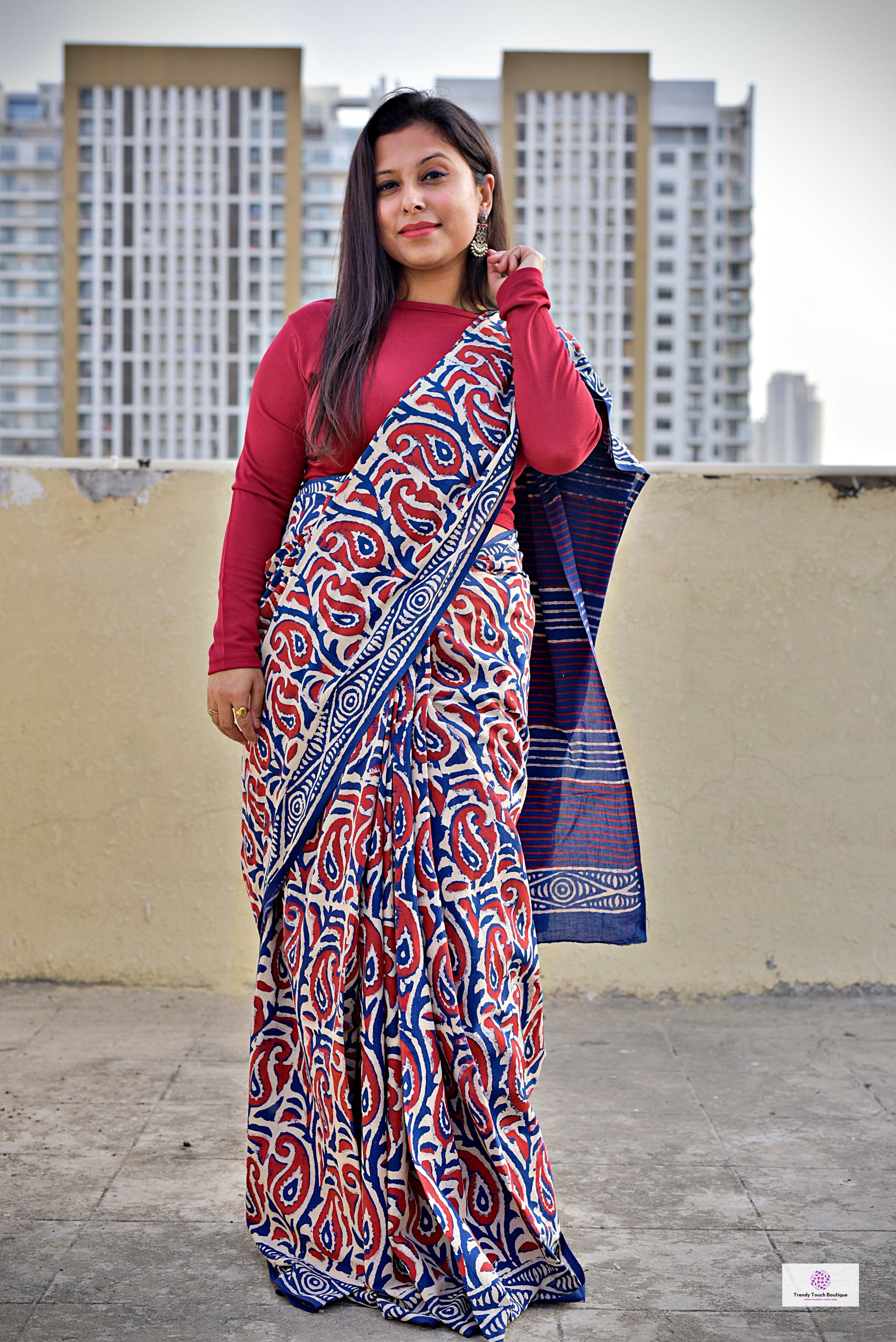 handblock print best summer fabric mulcotton saree office wear and lightweight summer sarees best price red and blue for teachers and corporate women