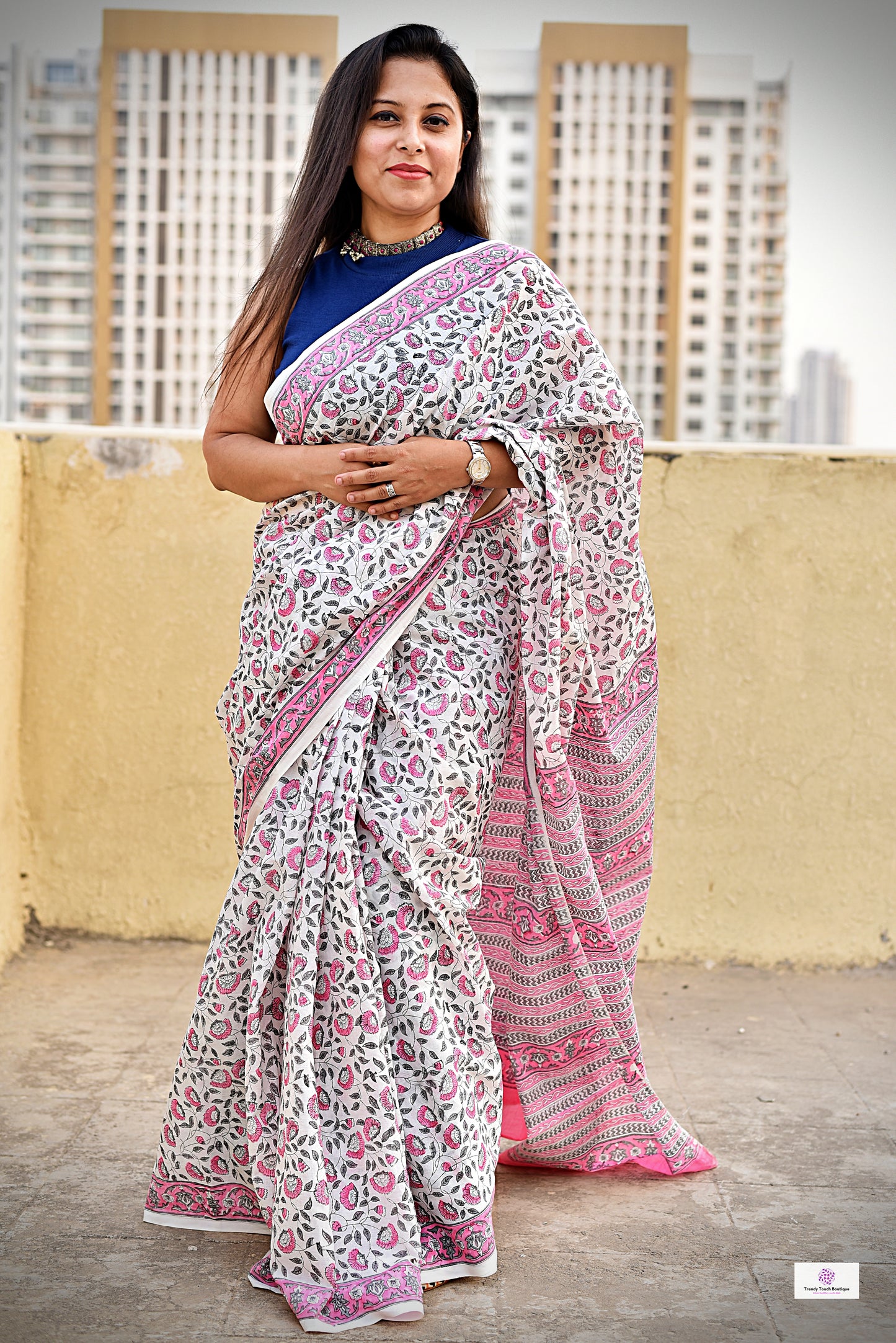 pink white green handblockprint mulcotton saree best summer fabric for office and casual styling with blouse piece best price