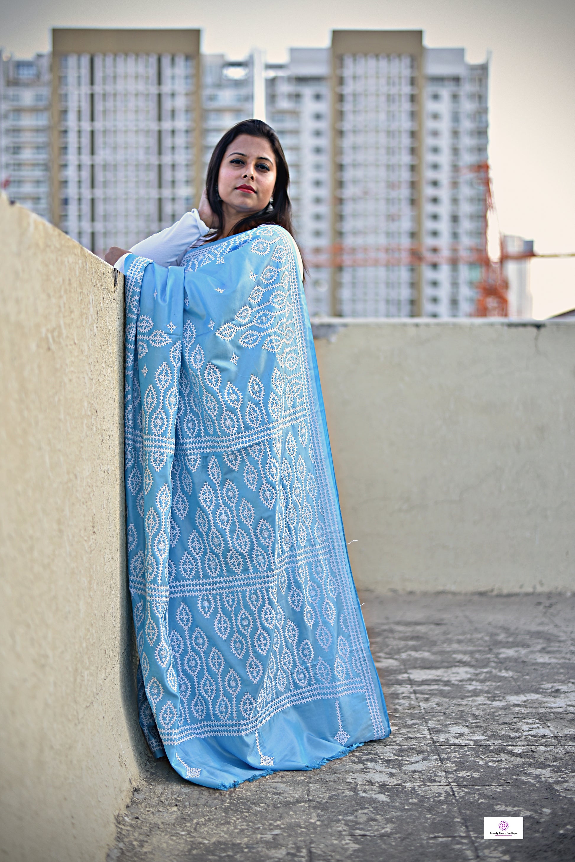 kutch or gujarati stitch sky blue designer blended bangalore silk saree with white threadwork for wedding, marriage, special celebration or anniversary with blouse piece in best price