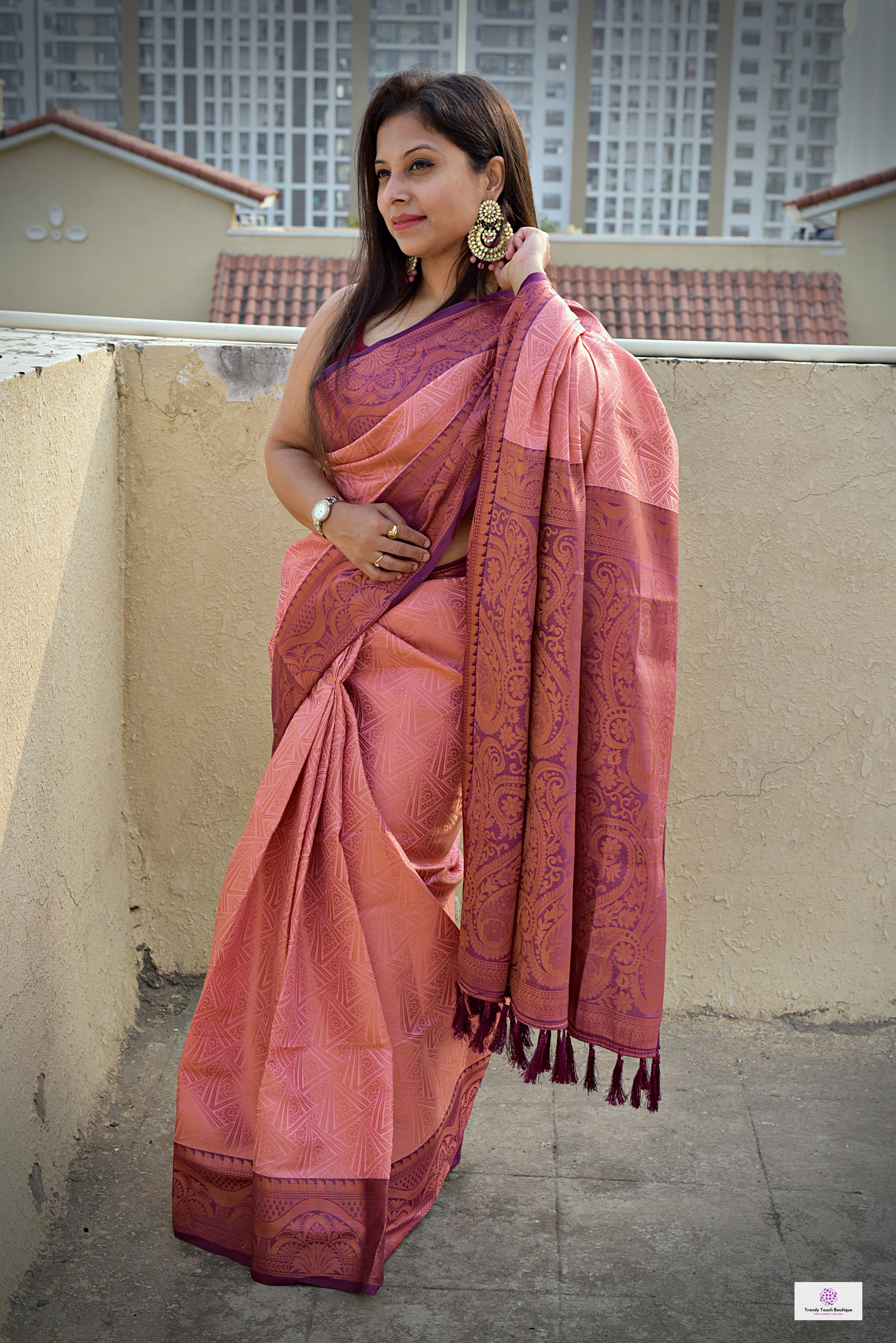 Woven Art Silk Saree in Peach and Pink : SYC10482