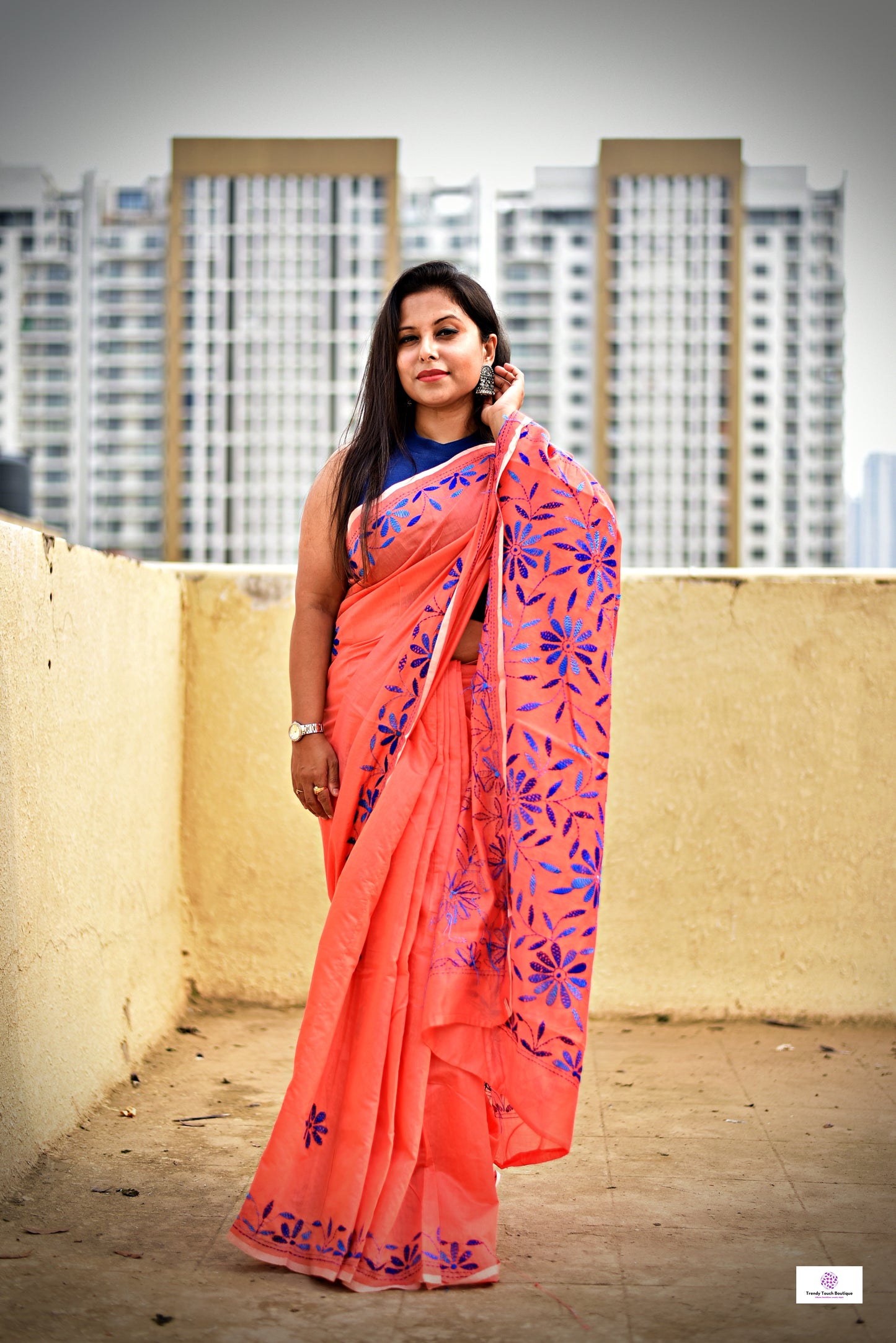 kantha handembroidered peach and blue cotton silk saree for office and summer celebration styling with blouse piece best price