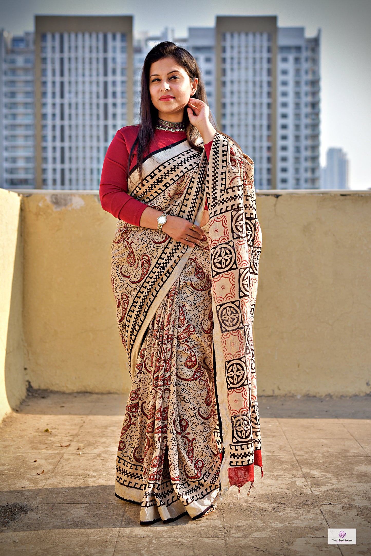 Beige Maroon Black Organic Handblock print in natural dye linen saree office and casual styling best price best summer fabric with blouse piece