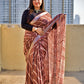 Chocolate Brown Organic Linen Saree Handblock print in natural dye green soft best summer saree for office and casual outing best price with blouse piece