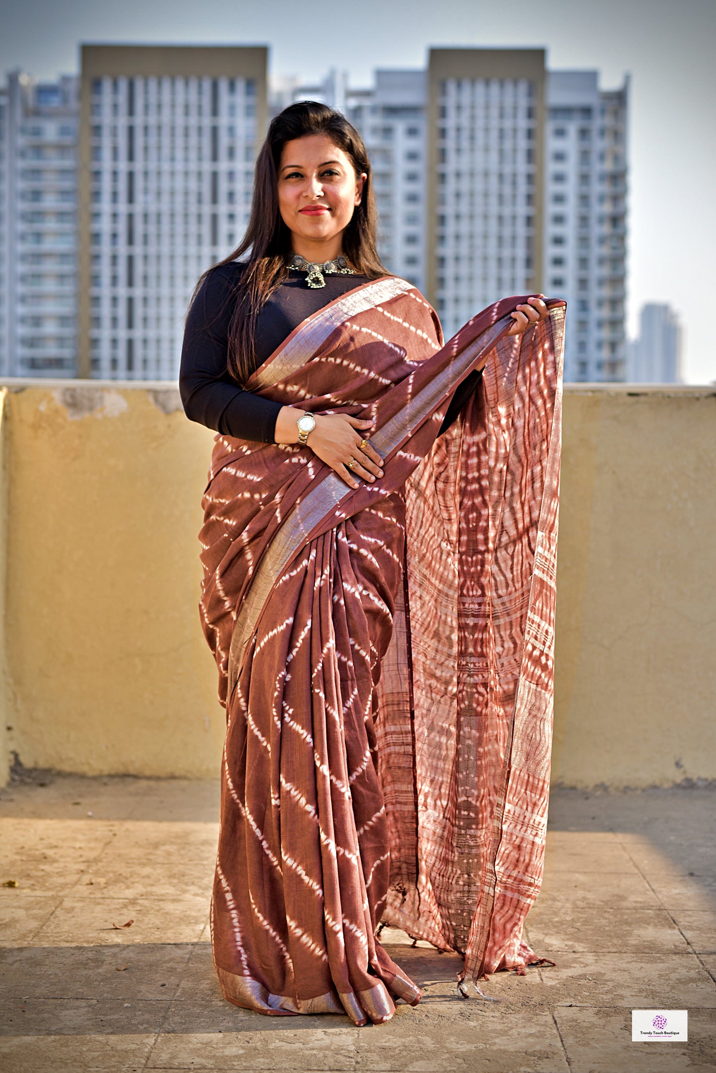 Chocolate Brown Organic Linen Saree Handblock print in natural dye green soft best summer saree for office and casual outing best price with blouse piece