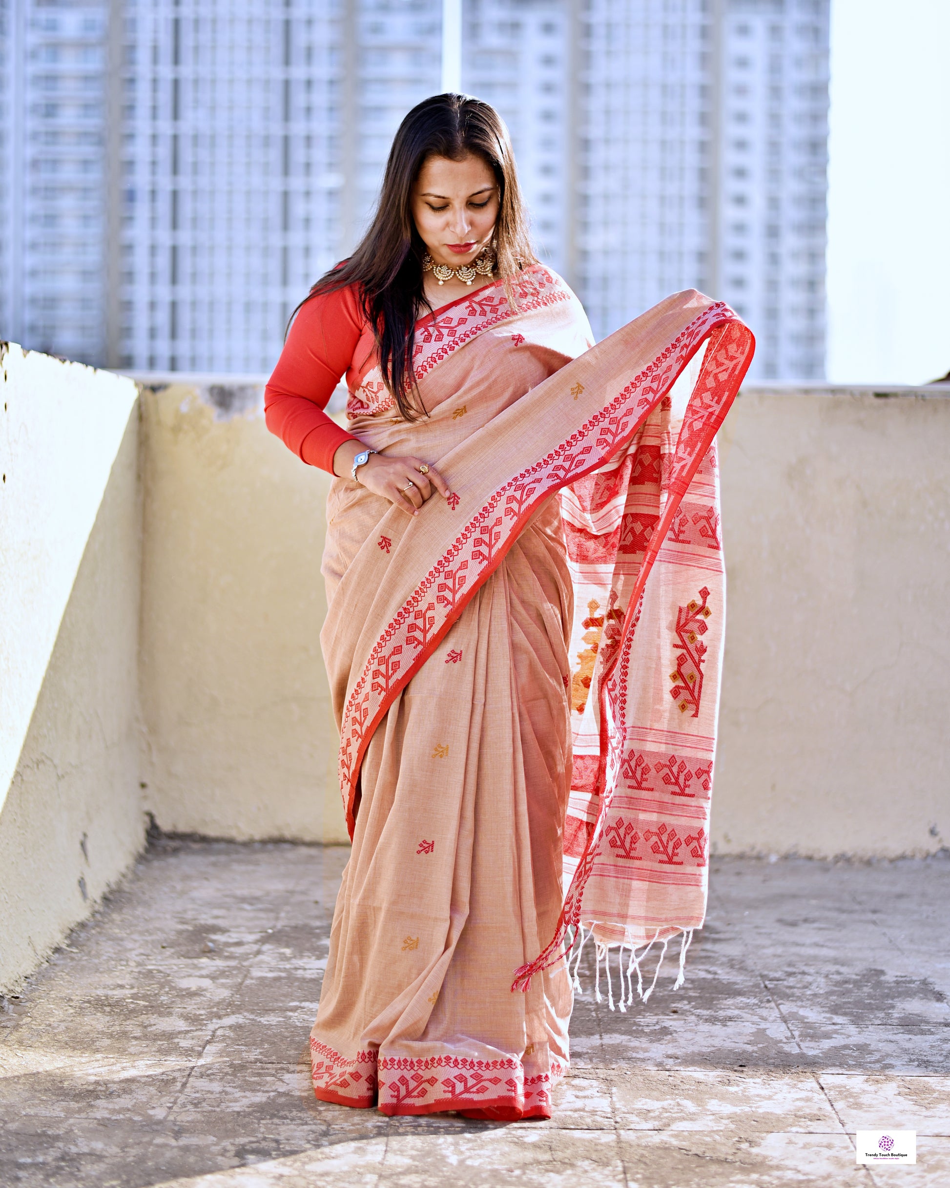 phulia pure Bengal cotton handloom saree  lightweight regular wear, office wear, puja and temple visits, casual ocassions, with blouse piece best price brown red and yellow