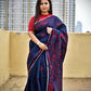 kantha handembroidered midnight blue red cotton silk saree for office styling and summer celebrations with blouse piece best summer fabric