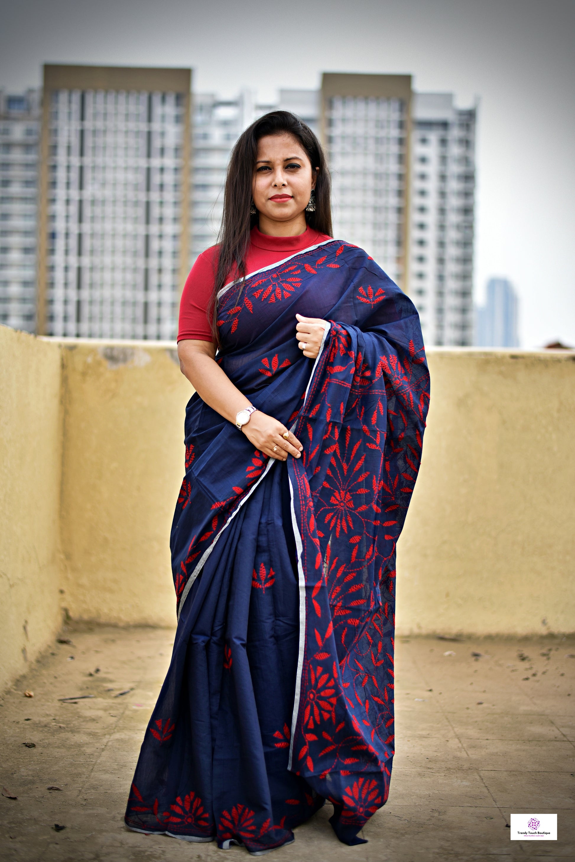 kantha handembroidered midnight blue red cotton silk saree for office styling and summer celebrations with blouse piece best summer fabric