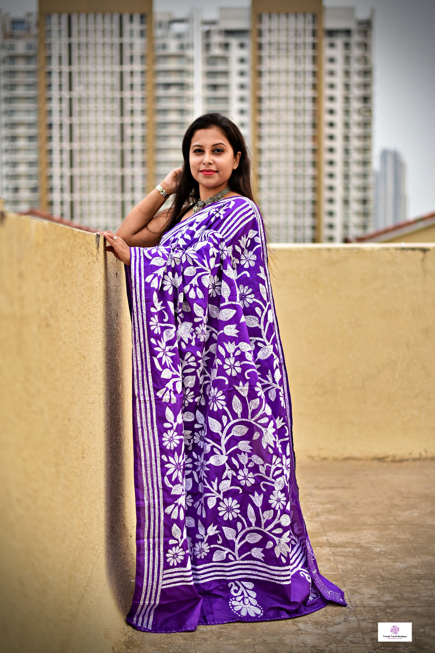 purple kantha hand embroidered designer silk saree purple and white thread fioral work for wedding functions and events best fabric best price