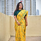 yellow hand emnbroidered designer bangalore art silk with green thread work lightweight wedding function saree events with blouse piece and best price