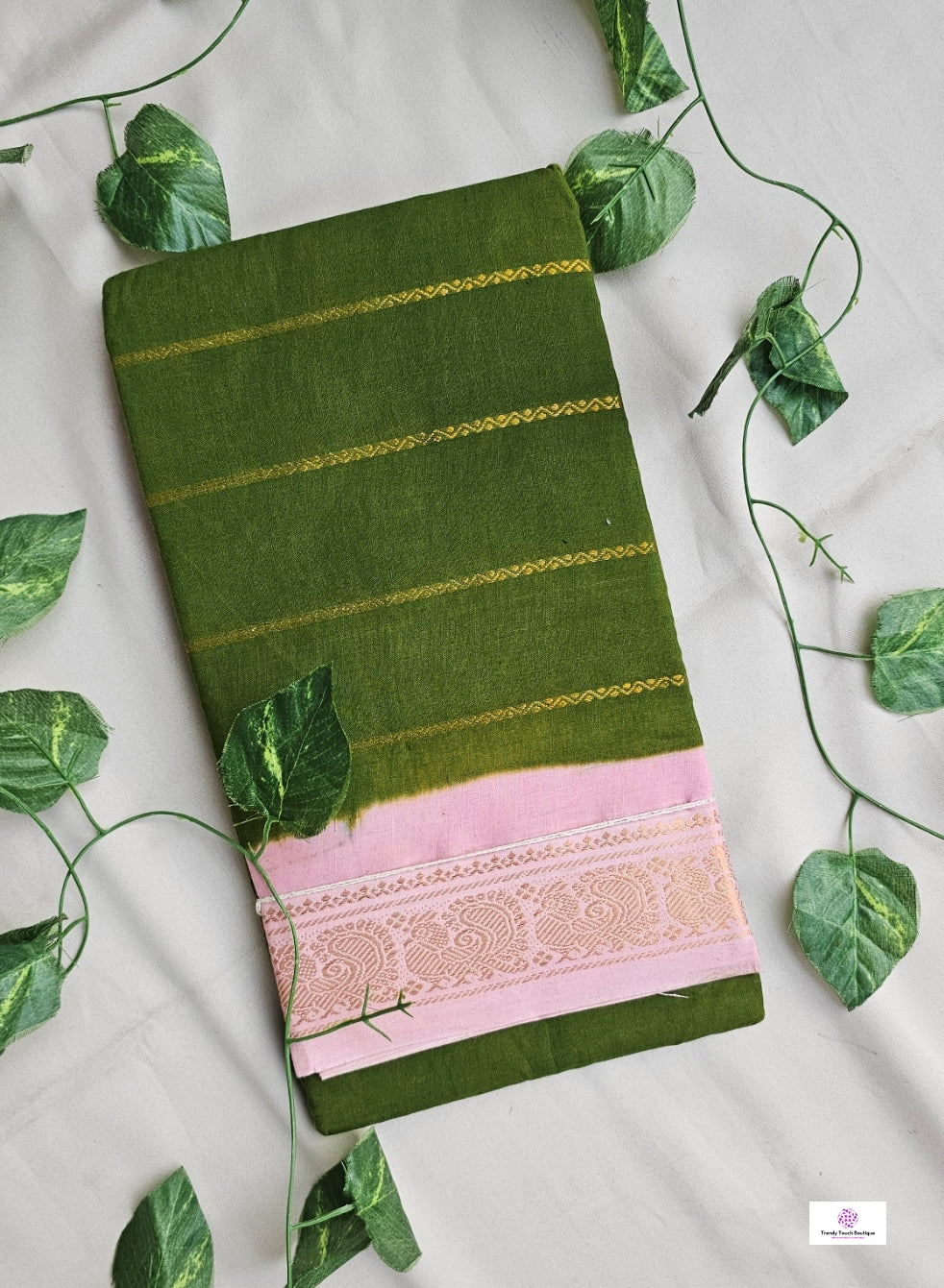 OLIVE - MADURAI SUNGUDI COTTON SAREE (OLIVE GREEN & PINK)