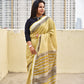 yellow black stripe handblockprint natural dye linen cotton saree best summer fabric best price with blouse piece