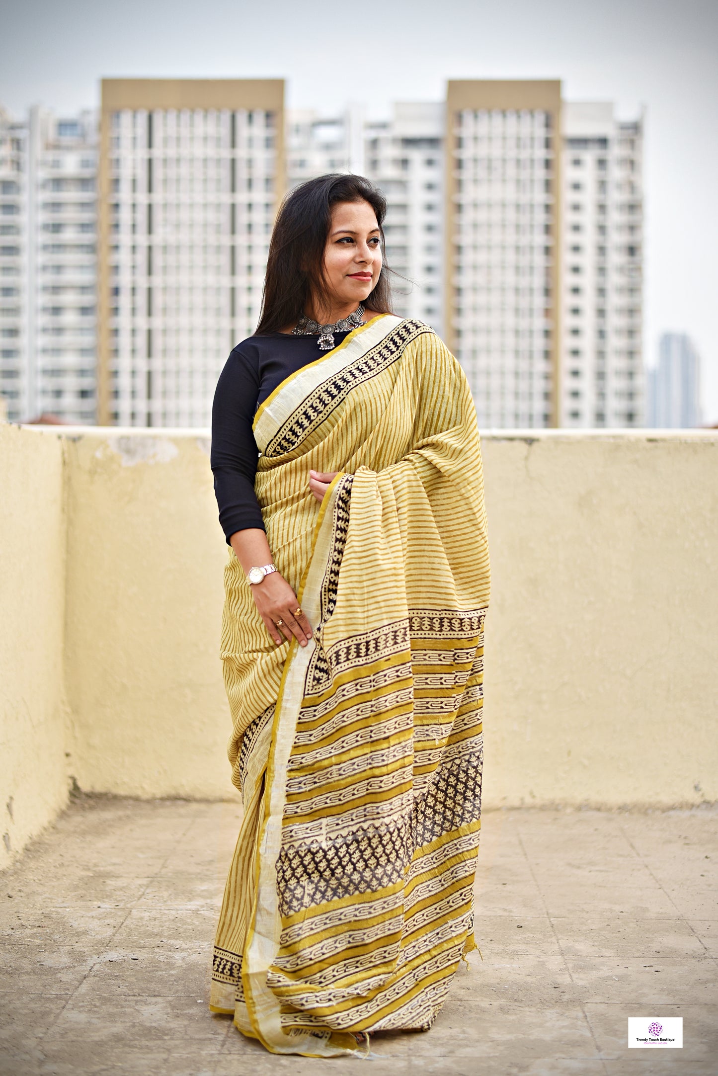 yellow black stripe handblockprint natural dye linen cotton saree best summer fabric best price with blouse piece