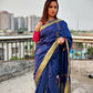 handembroidered designer cotton silk saree in blue for cocktail party, dinner, summer fashion sarees golden border