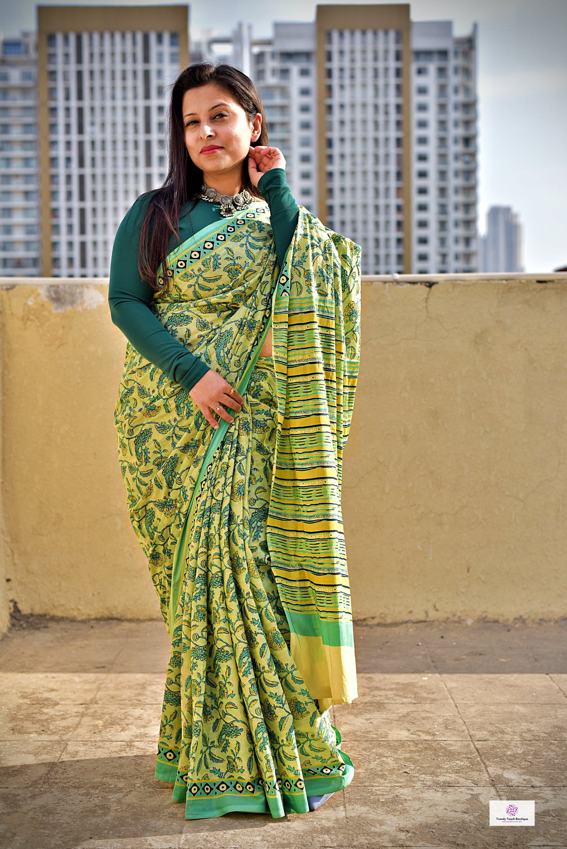 Green organic handblock print mul cotton saree ajrakh vanaspati natural dye floral print best summer fabric office and daily wear saree 