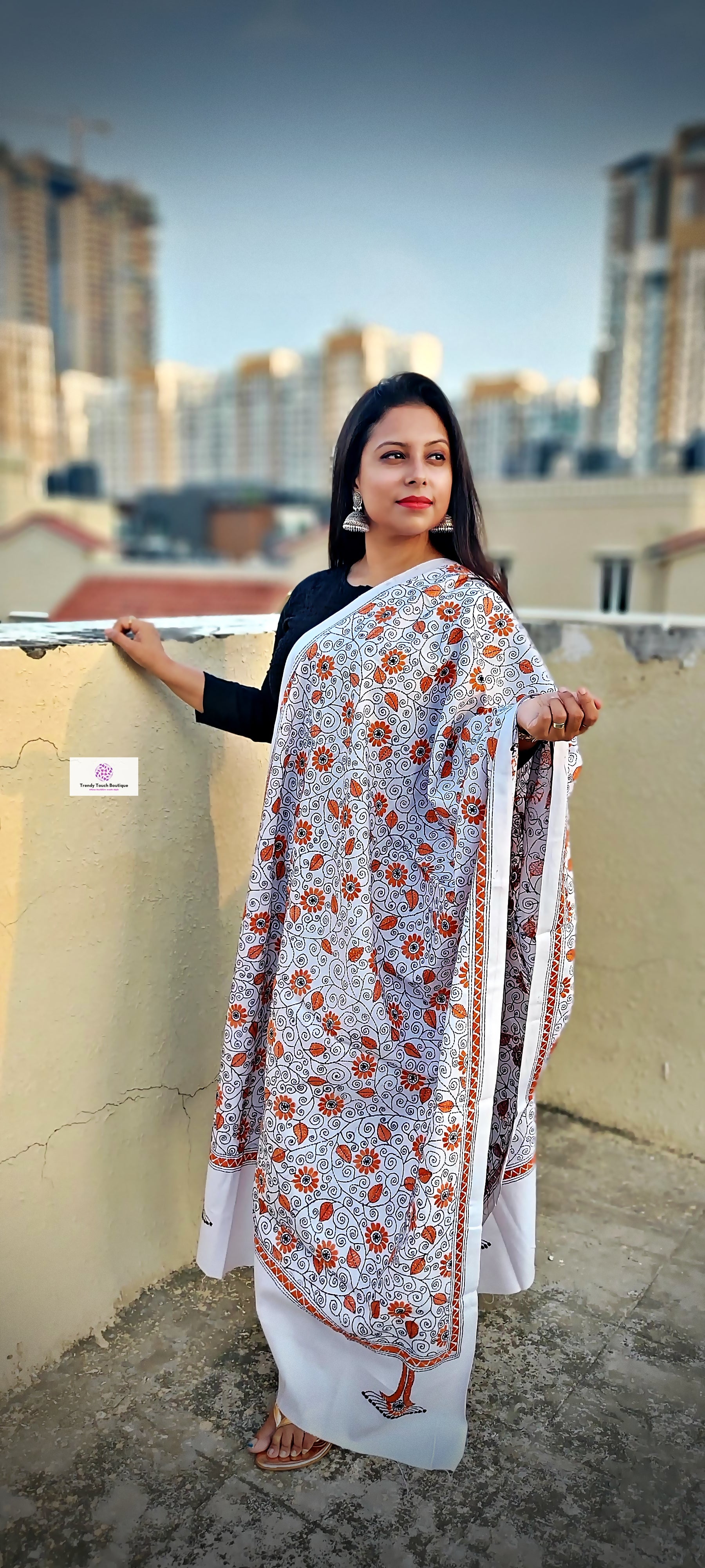 kantha handembroidered pure cotton designer statement dupatta for kurti styling in summer Holi sale best price white orange floral handcrafted