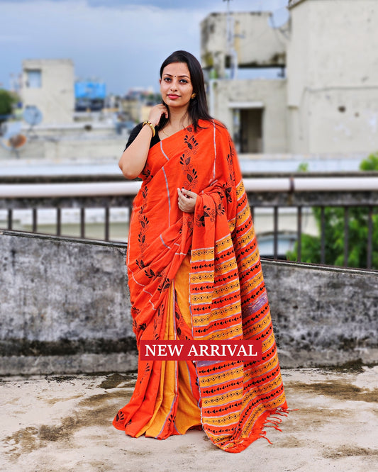 orange yellow stripe kantha handembroidered designer khesh khadi cotton handloom saree best summer fabric with blouse piece best price wedding functions lightweight