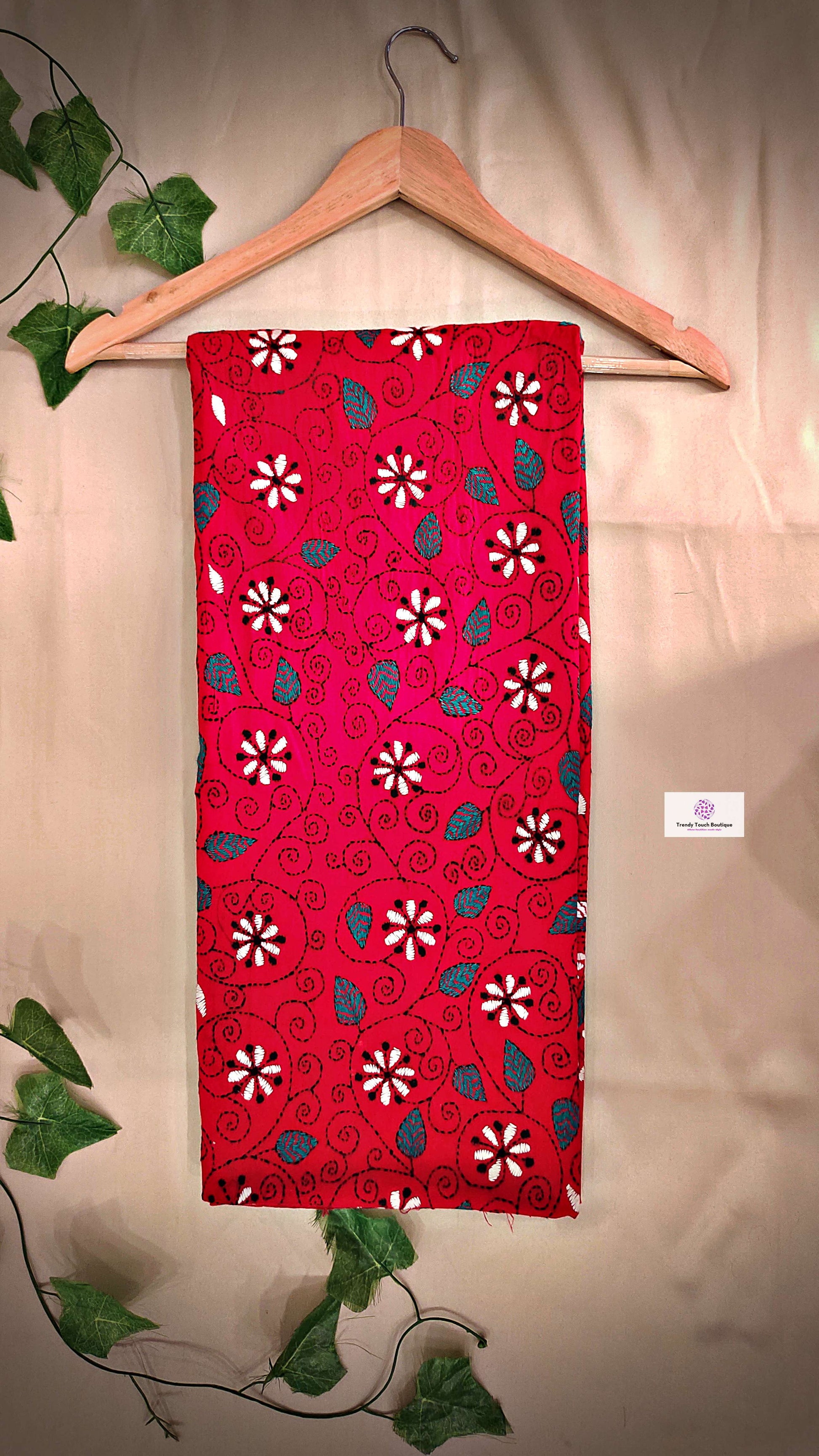 kantha handembroidered pure cotton designer statement dupatta for kurti styling in summer Holi sale best price red floral handcrafted