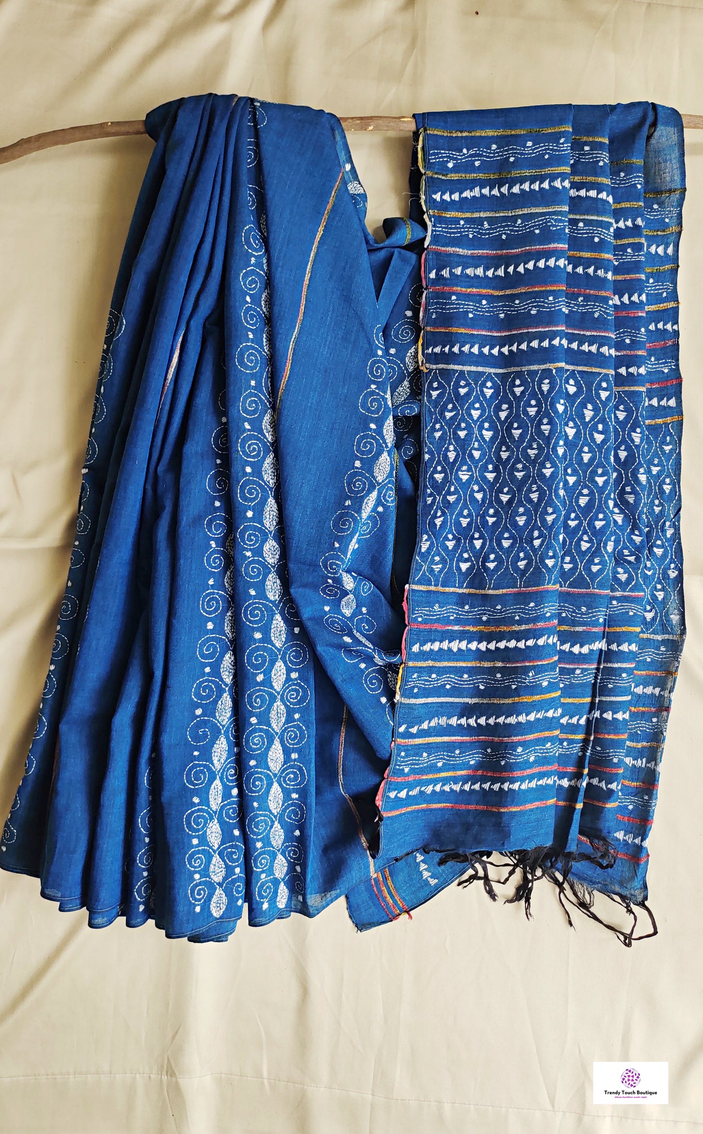 blue and white kantha handembroidered designer khesh khadi cotton handloom saree best summer fabric with blouse piece best price wedding functions