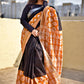 Orange Black Handblock print linen saree organic dye best summer fabric best price casual and formal saree 