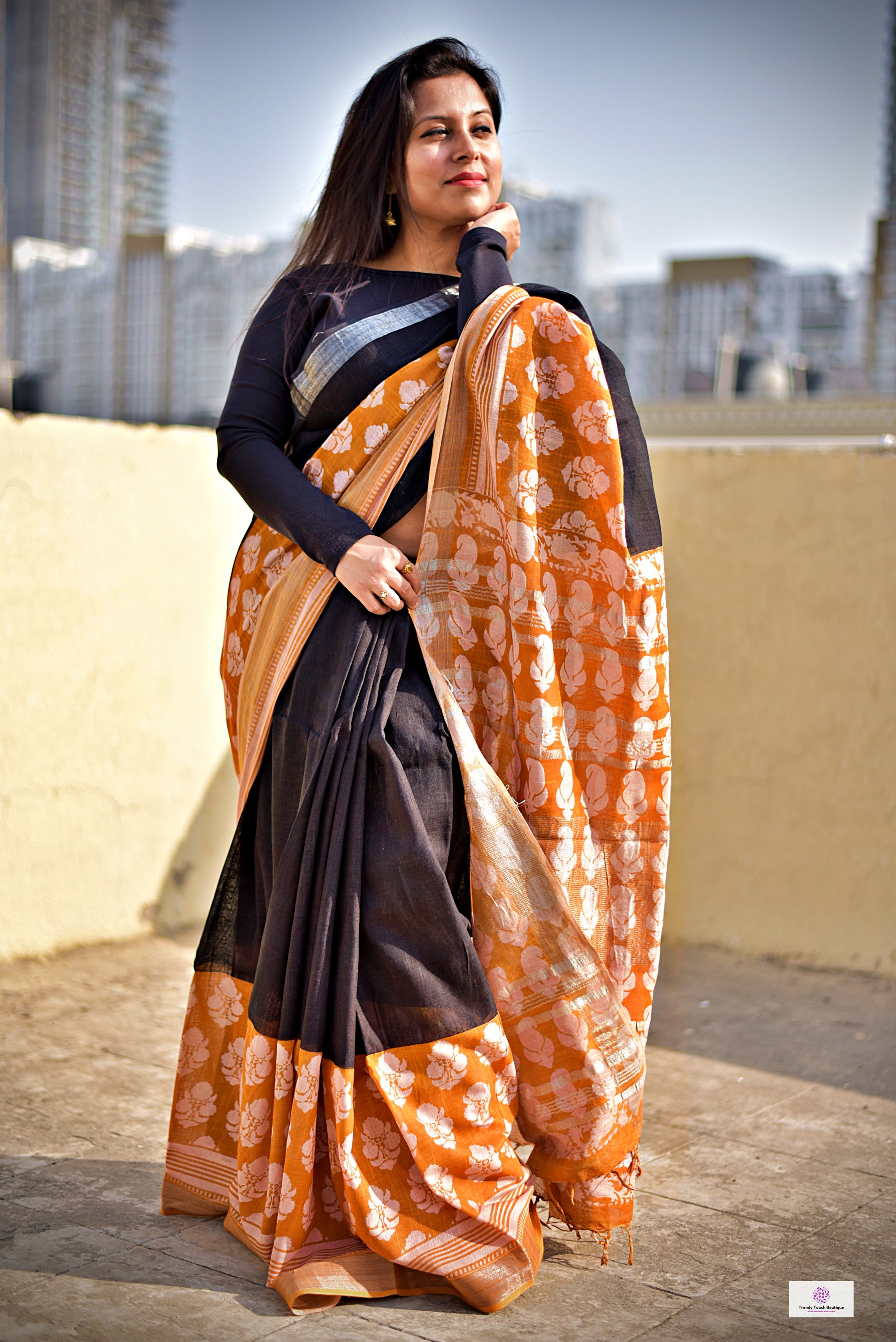 Orange Black Handblock print linen saree organic dye best summer fabric best price casual and formal saree 