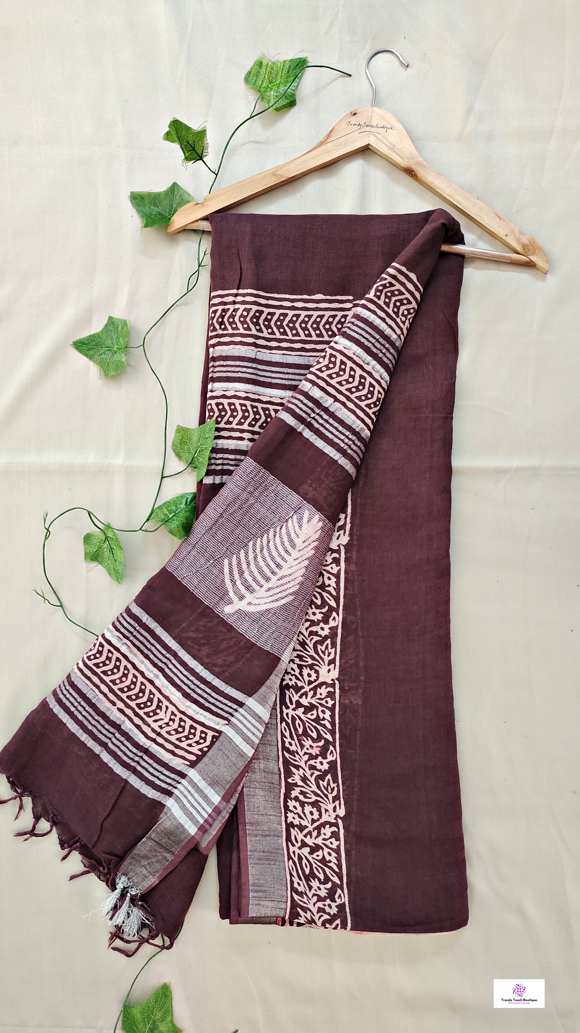  best summer handwoven handloom fabric handblock print organic slub linen saree brown color floral pattern at best price online with blouse piece for office wear or everyday styling!