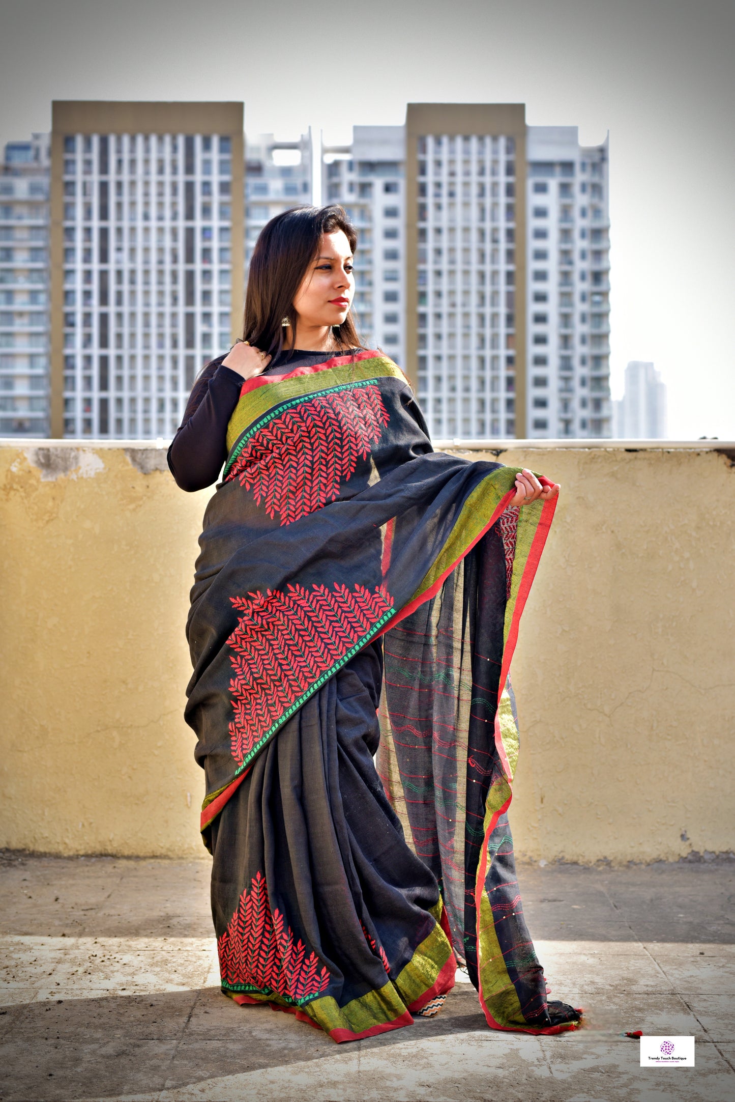 Black red Kantha hand embroidered designer mul cotton saree for office and casual styling celebration best price summer fabric 