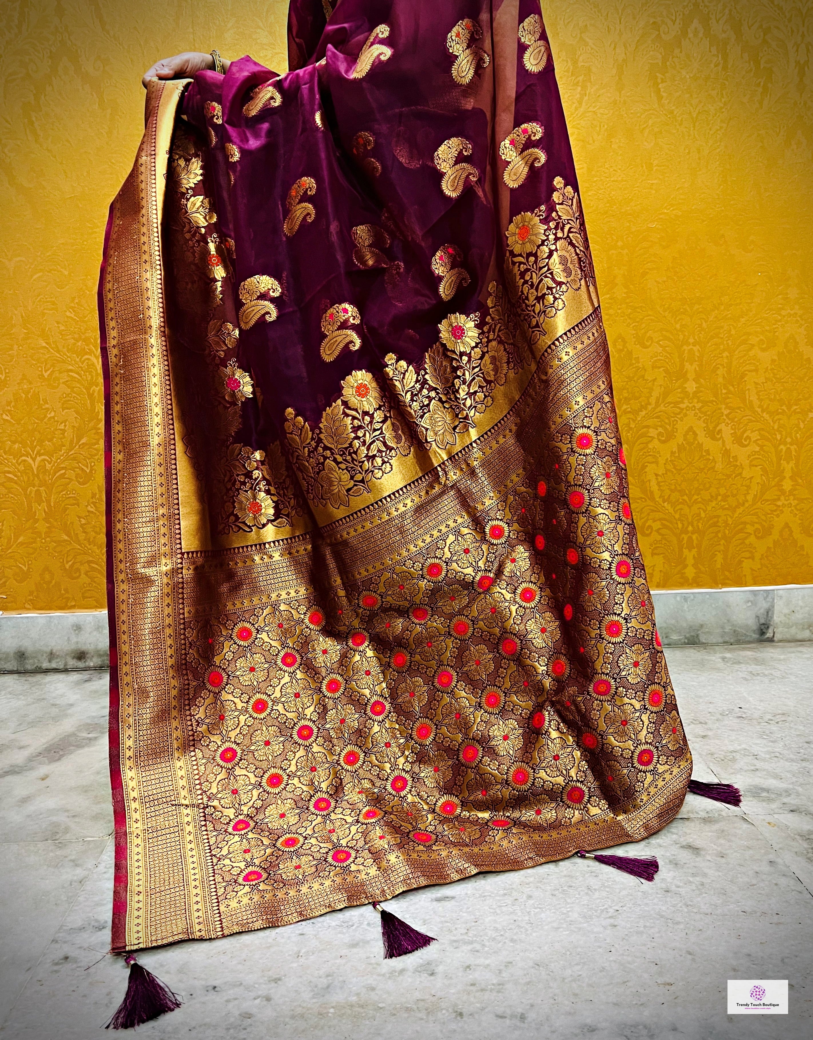 Wine Silk Foil Print Designer Saree for Reception