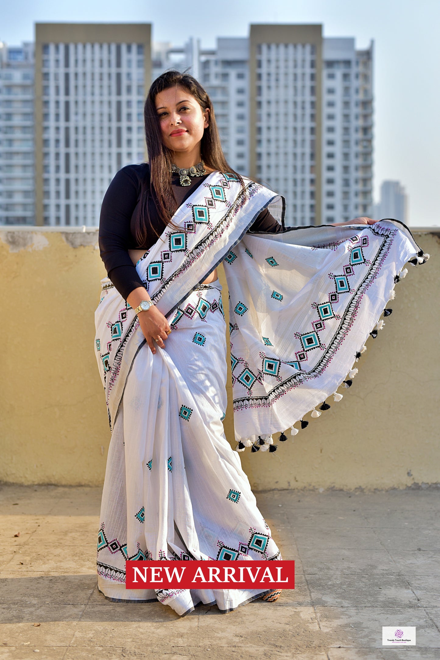 Handpainted designer soft linen saree in white black blue for special celebration and wedding parties in summer and all year round best price