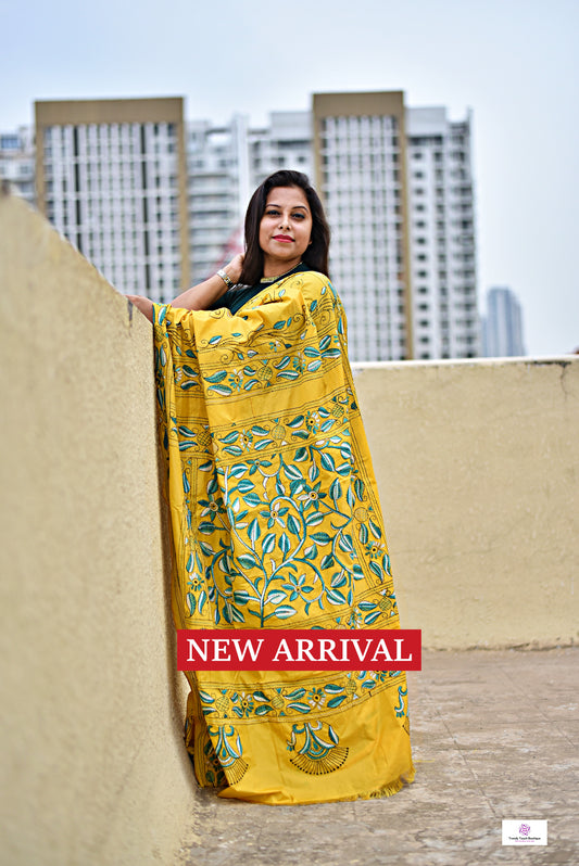 yellow hand emnbroidered designer bangalore art silk with green thread work lightweight wedding function saree events with blouse piece and best price