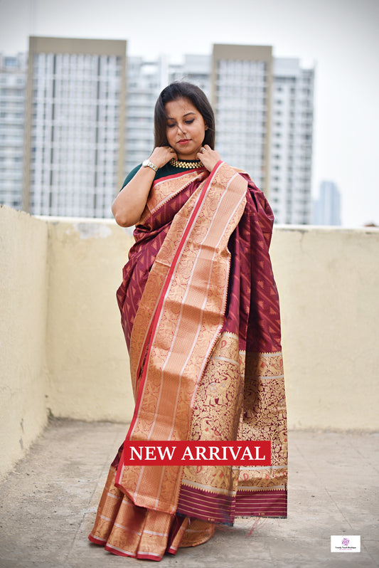 kanjivaram saree maroon copper zari work bridal & wedding functions best price lightweight silk saree with blouse piece