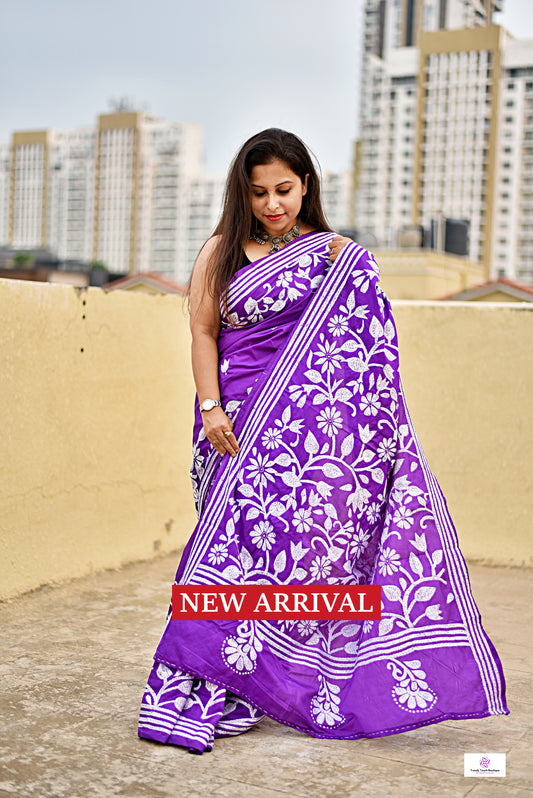 purple kantha hand embroidered designer silk saree purple and white thread fioral work for wedding functions and events best fabric best price