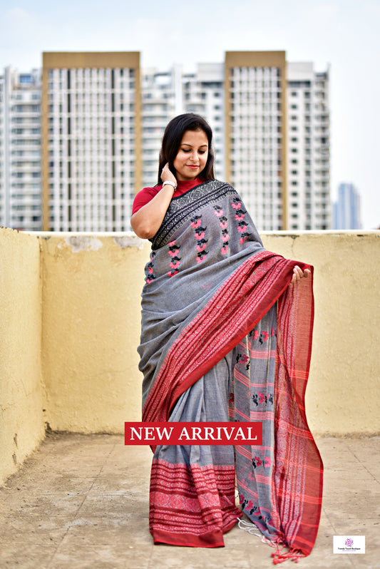 handpainted designer grey red begumpuri cotton handloom saree for formal and casual events and office meetings wedding and marriage function best price with blouse piece