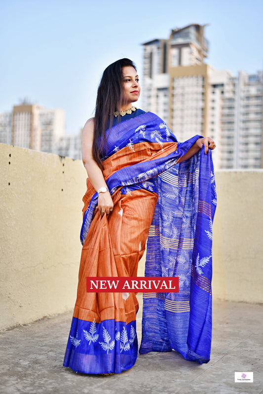 Pure Gicha Tussar Silk Saree with Silk Mark Certified Blue and Orange Handloom saree best wedding marriage function party wear celebration and corporate events office best price with blouse piece handblock printed